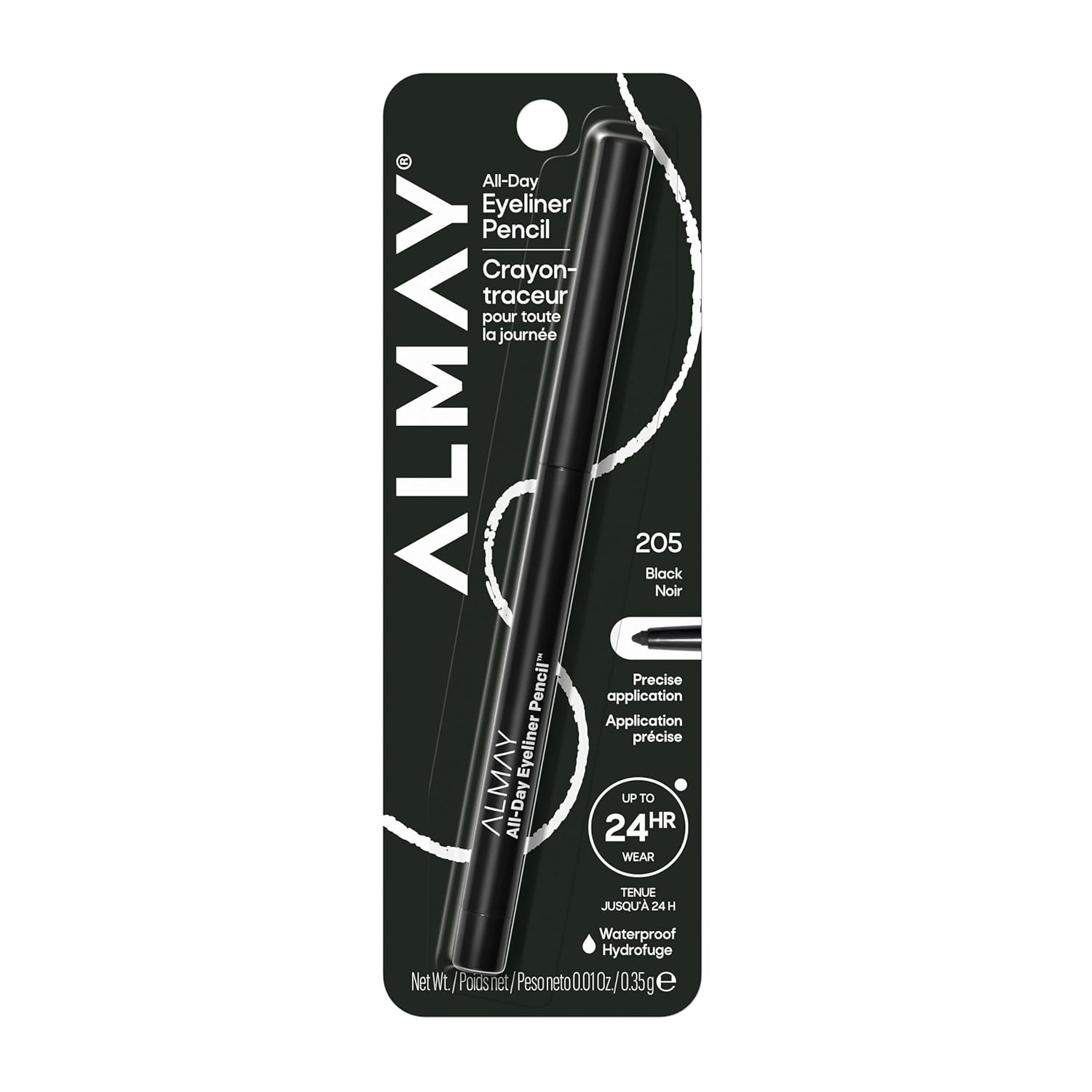 Almay All-Day Eyeliner Pencil, Smudge Proof, Waterproof Eye Makeup, Hypoallergenic, Built-In Sharpener, 205 Black, 0.01 oz
