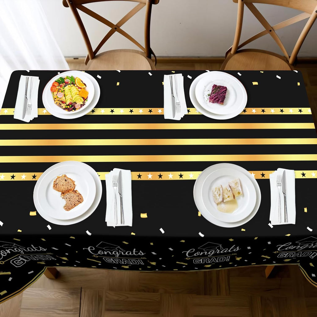 Childom 3 Pack Graduation Tablecloth,Graduation Decorations Class of 2026 Graduation Party Decorations,54"x108" Black and Gold Plastic Table Cloth Disposable Rectangle for Home,School,Party Supplies