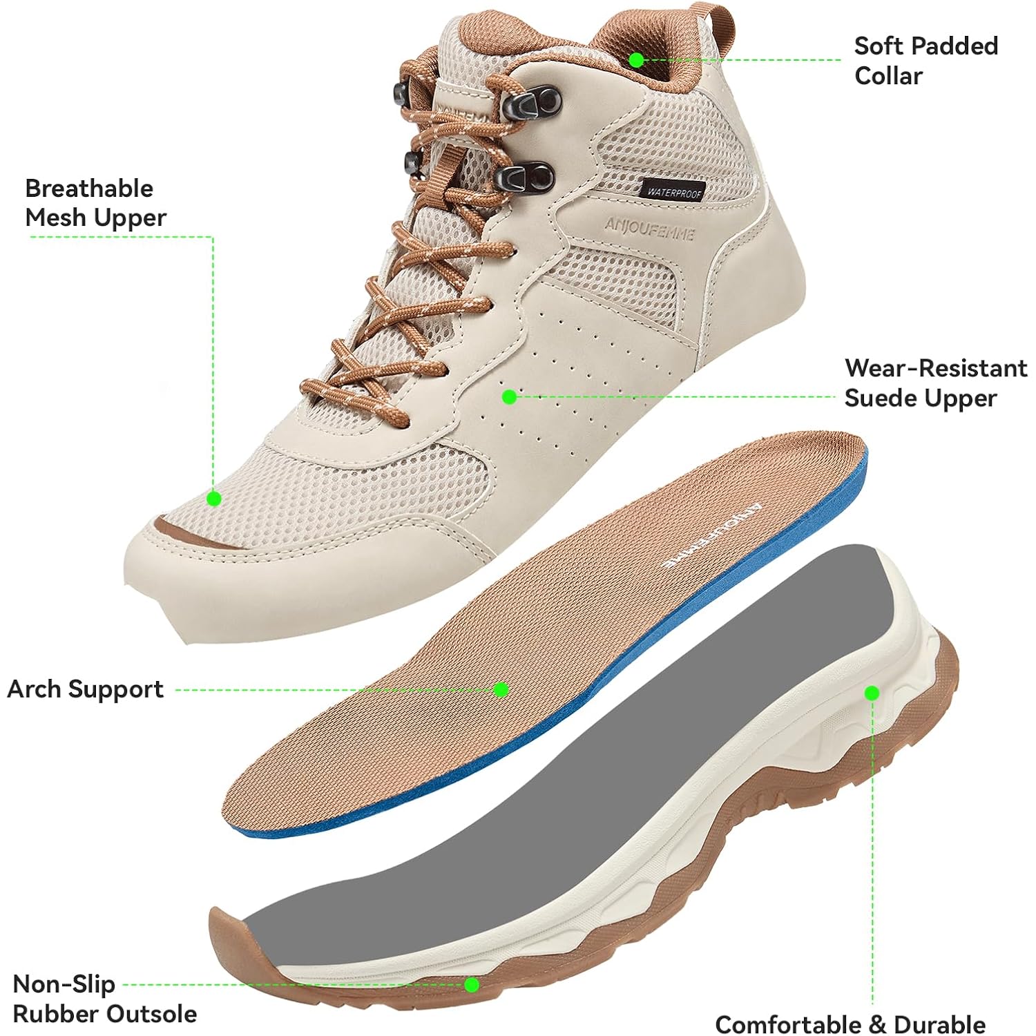 Anjoufemme Women'S Waterproof Hiking Boots Lightweight Non-Slip Outdoor | Trekking, Backpacking, Camping, Breathable & Durable