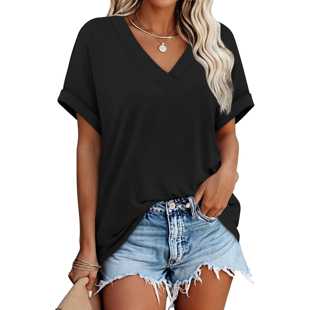 Wiholl Womens Oversized V Neck Tshirts Plus Size Summer Tops 2026 Short Rolled Sleeve Shirts Dressy Casual Blouses S-4Xl