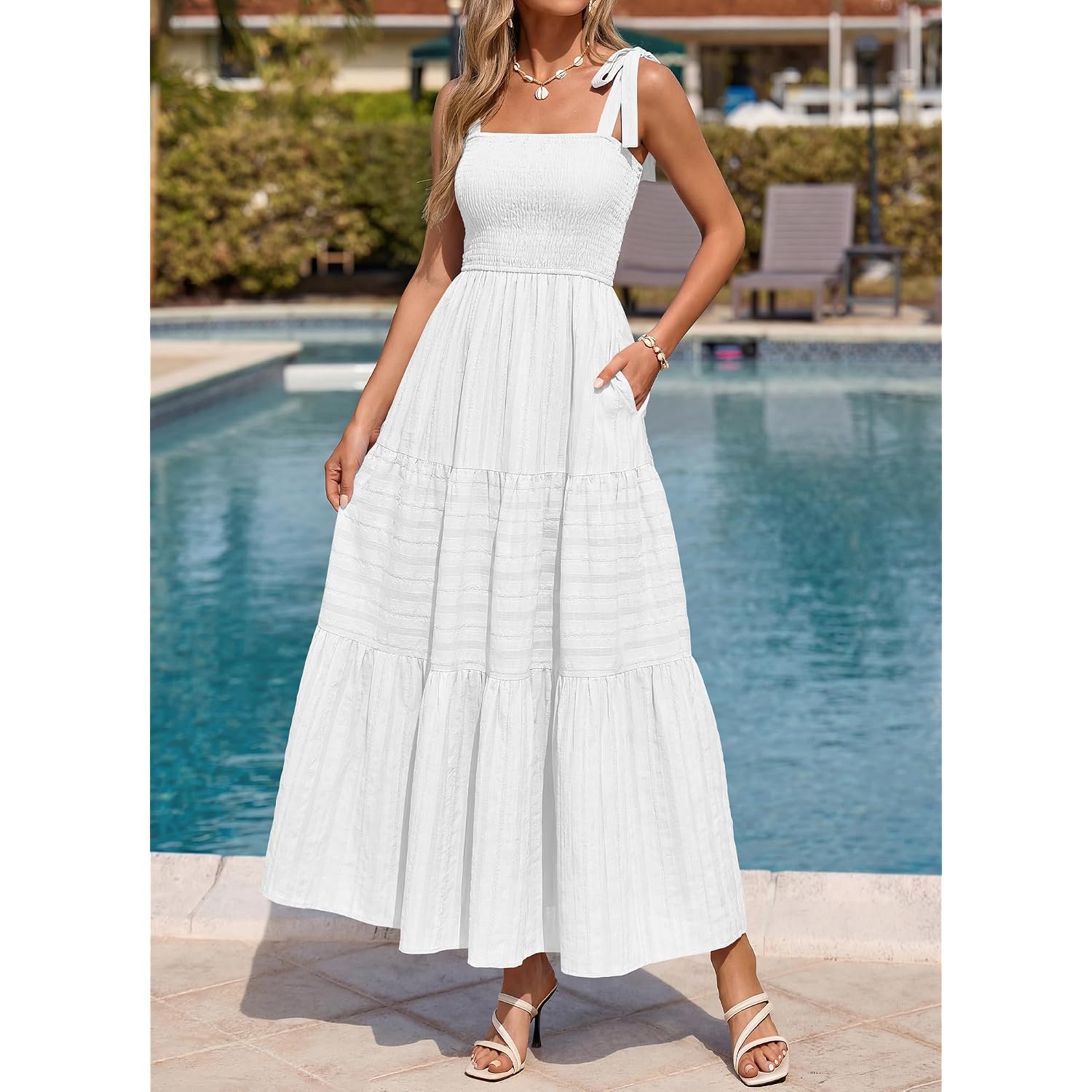 Btfbm Women'S 2026 Summer Boho Spaghetti Strap Dress Casual Sleeveless Smocked A Line Beach Sundress Long Maxi Dresses