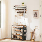 Hoobro Hall Tree With Bench, Entryway Coat Rack With Shoe Rack, Shoe And Coat Rack, 5 Tier Shoe Storage Organizer With Oxford Fabric Side Pockets, Adjustable Mesh Shelves, Rustic Brown Bf75Mt01