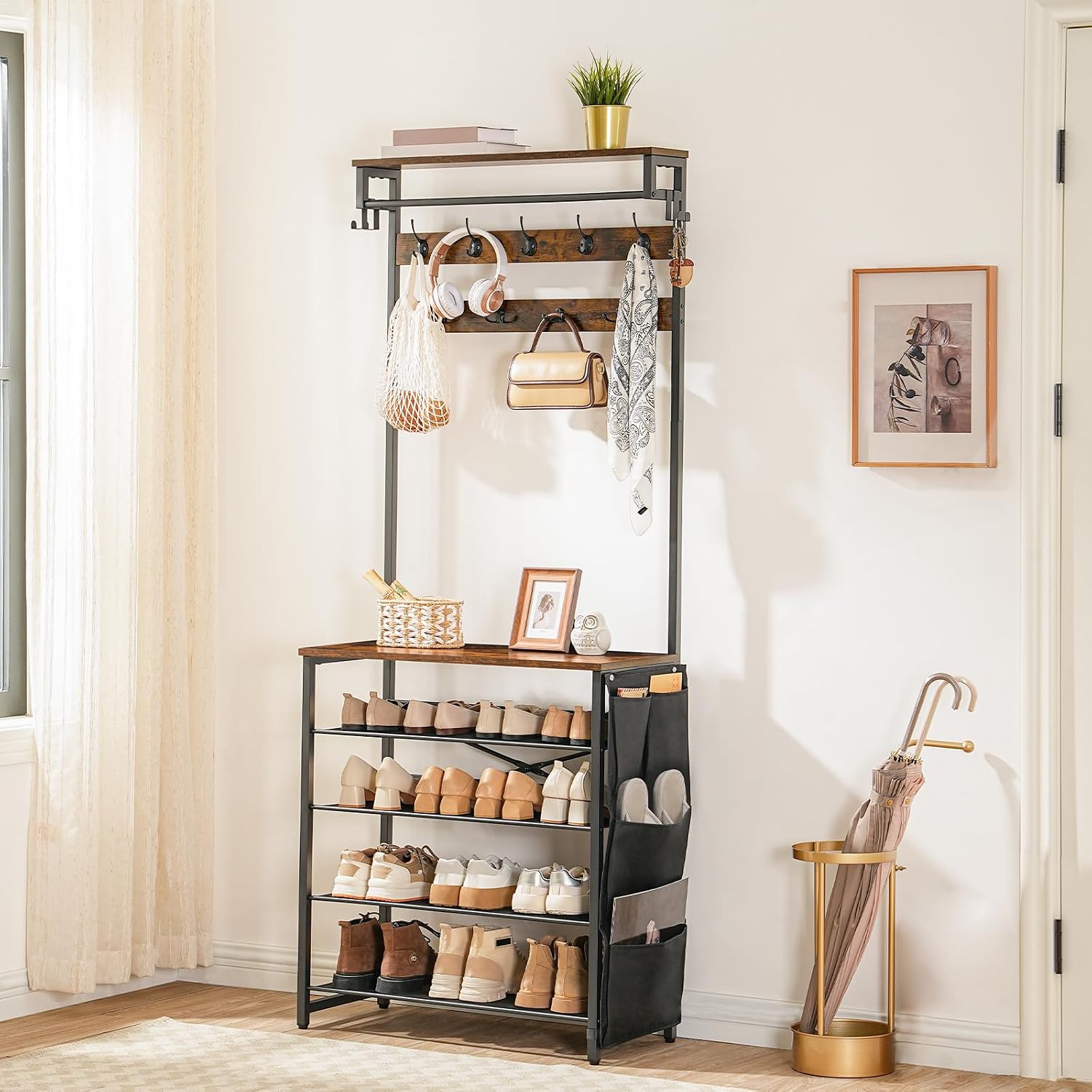 Hoobro Hall Tree With Bench, Entryway Coat Rack With Shoe Rack, Shoe And Coat Rack, 5 Tier Shoe Storage Organizer With Oxford Fabric Side Pockets, Adjustable Mesh Shelves, Rustic Brown Bf75Mt01
