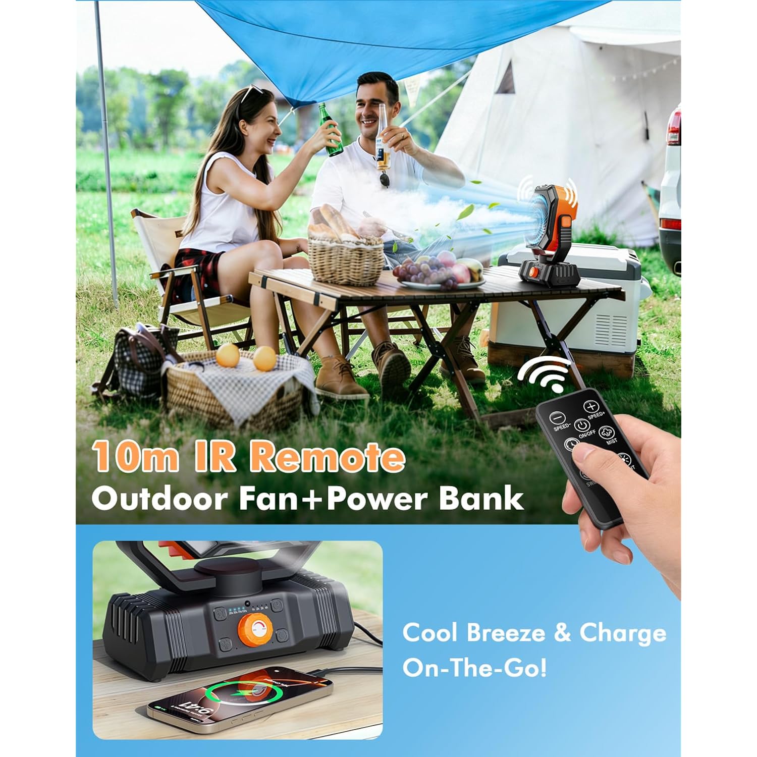 Portable Misting Fan With 20000Mah Usb Rechargeable Battery, 250Ml Water Tank & Led Lantern – Cooling Fan With Mister For Camping, Home, Tent, Beach, Picnic, Barbecue, Outdoor & Indoor Use