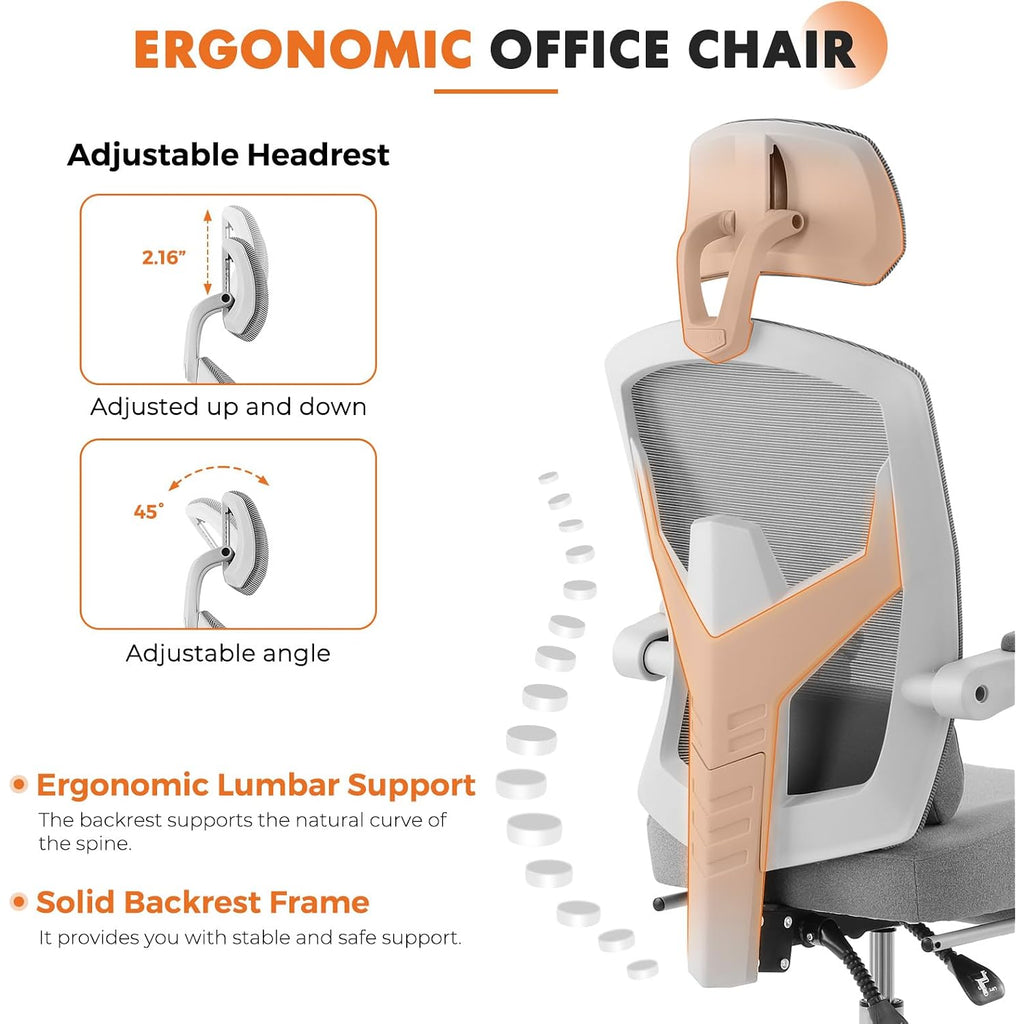 Sweetcrispy Office Computer Desk Chair With Footrest,Ergonomic High-Back Mesh Rolling Work Swivel Chairs With Wheels,Comfortable Lumbar Support,Comfy Arms For Home,Bedroom,Study,Student,Light Grey