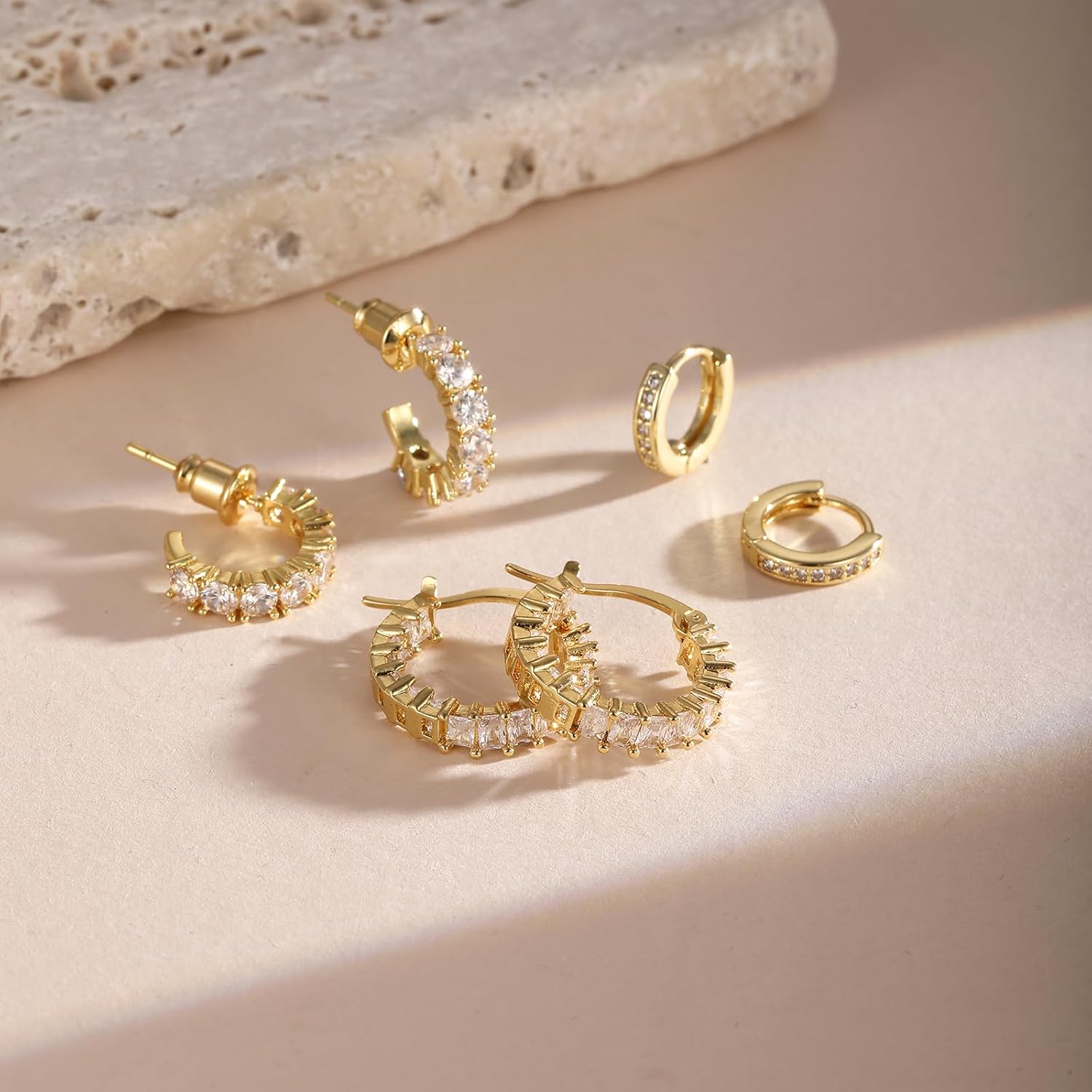 CAROVO 3 Pairs Gold/Silver Hoop Earrings for Women Trendy Dainty 14K Gold Plated Cubic Zirconia Stud Earrings Huggie Hoop Earrings Stack for Multiple Piercing Jewelry
