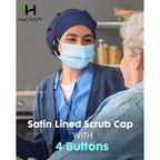 Satin Lined Bouffant Scrub Nurse Cap with 4 Buttons and Sweatband Adjustable Sky White