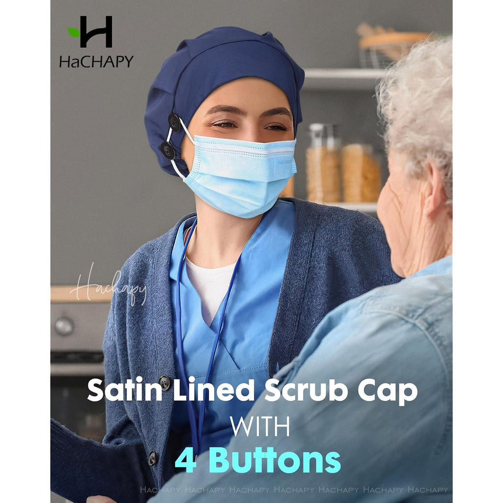 Satin Lined Bouffant Scrub Nurse Cap with 4 Buttons and Sweatband Adjustable Sky White