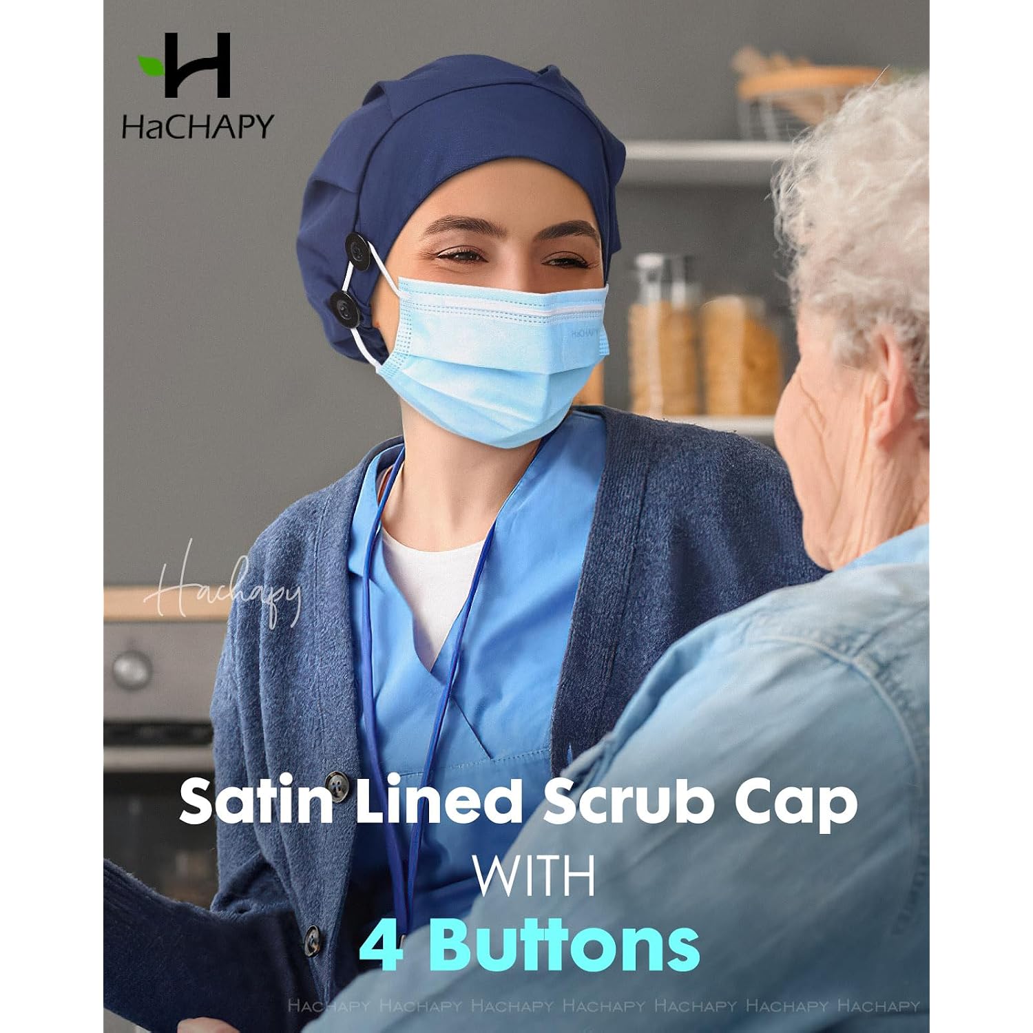Satin Lined Bouffant Scrub Nurse Cap with 4 Buttons and Sweatband Adjustable Sky White