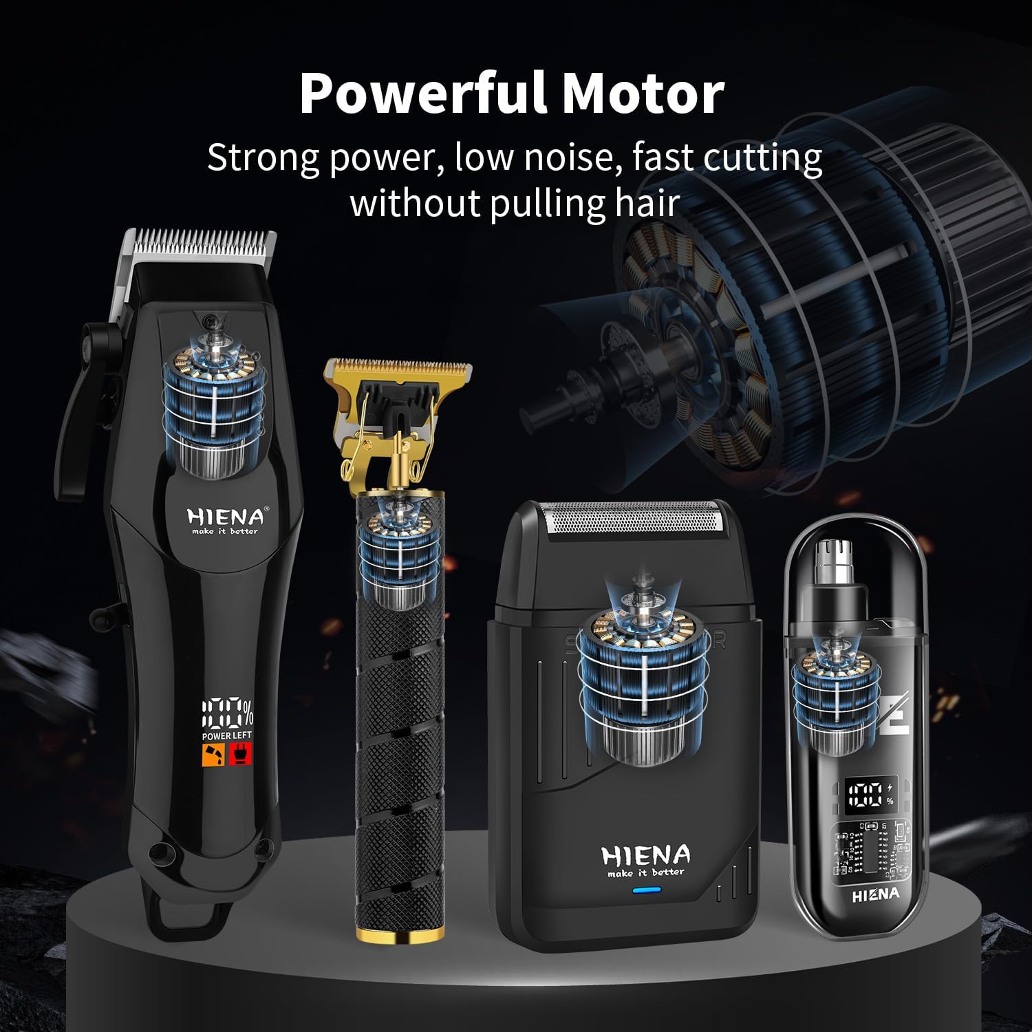 Hiena Pro Professional Hair Clipper Set For Men, Cordless Barber Trimmer And Electric Foil Shaver, Nose Hair Trimmer, Hair Cutting Kit, R-Type Adjustable Blade, Led Display, Usb Charging