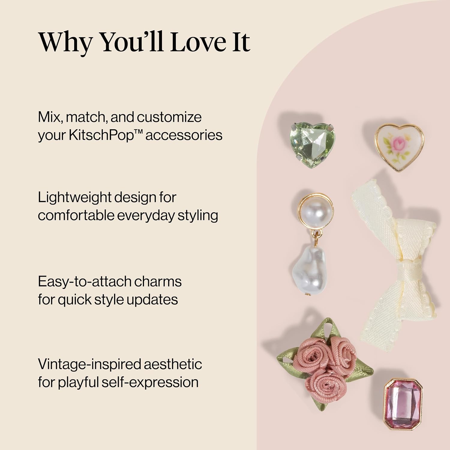 Kitschpop™Charm Sets – Interchangeable Charms For Hair Clips, Hair Brushes | Durable Assorted Cute Charms | Compatible With Kitschpop™ Hair Accessories - Vintage Ivory, 6Pcs