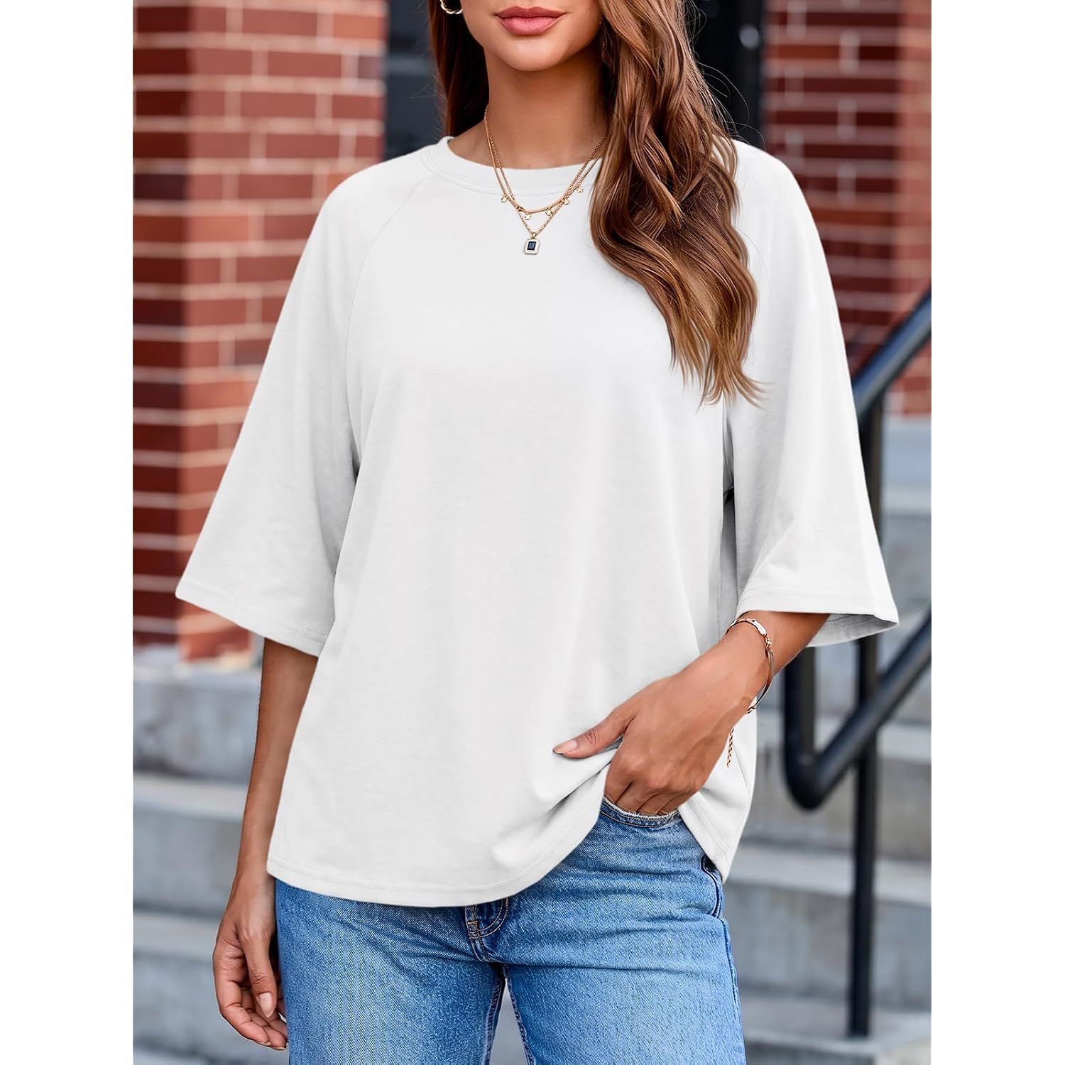Tankaneo Womens Oversized Half Sleeve T-Shirts Trendy Casual Baggy Loose Fit Tops Summer Crew Neck Tees Shirts