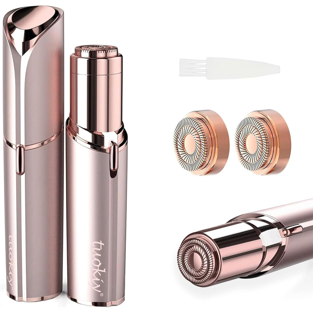 tuokiy Women Facial Hair Removal Device Battery Operated with 2 Replacement Heads,Ladies Face Shaver for Peach Fuzz Upper Lip,Chin, Facial Hair Removal for Women, Rose Gold