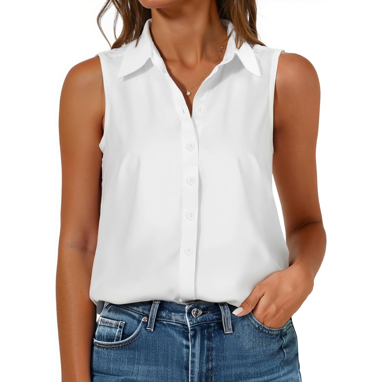Women's Sleeveless Button Down Blouse, Solid V Neck Classic Collared Tank Top, Casual Work Office Chiffon Shirt