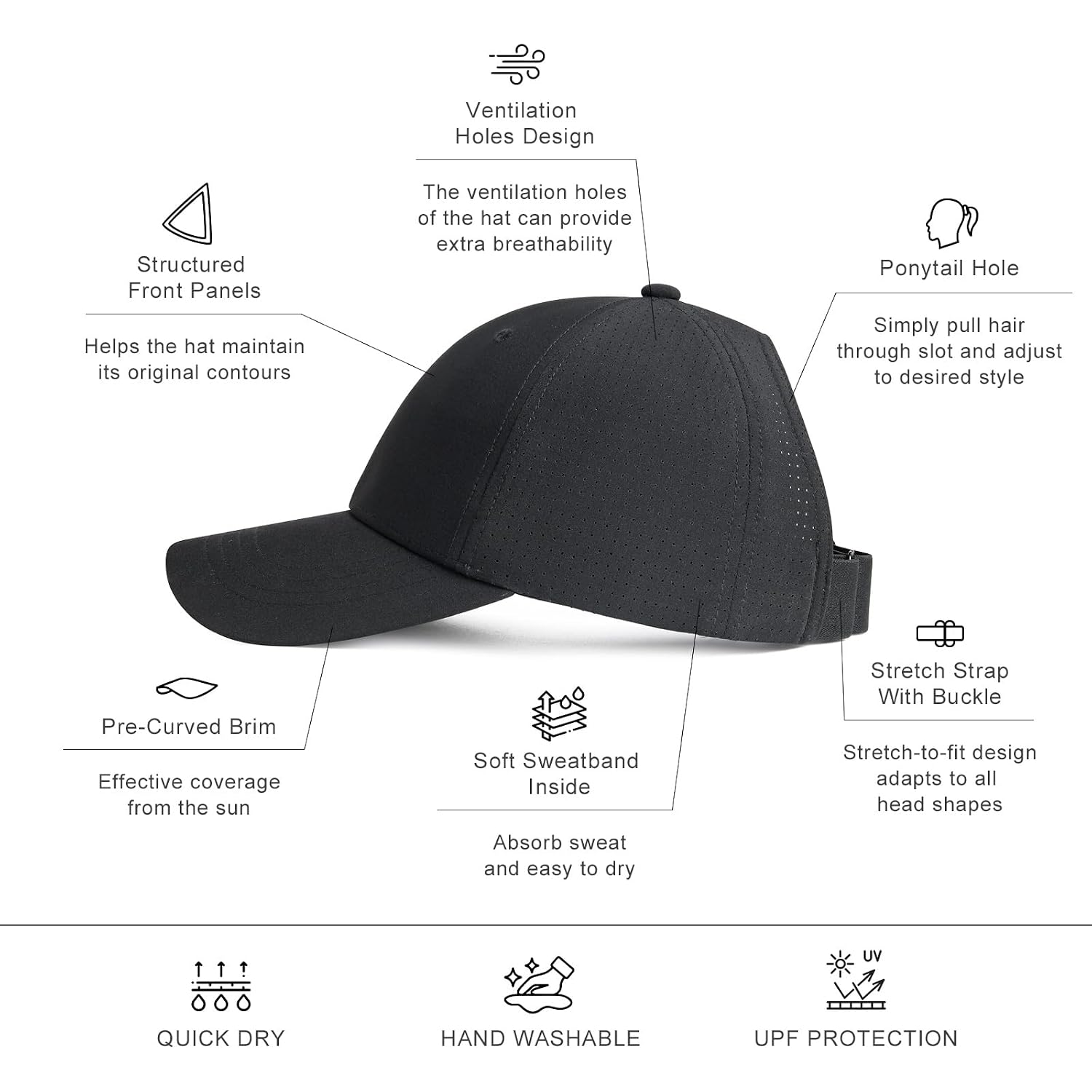 Women Ponytail Baseball Cap Outdoor Girls Messy Bun Hat for Daily Wear Cooling for Running Golf Sports Black