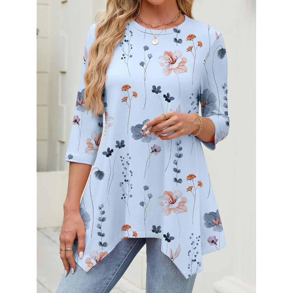 3/4 Length Sleeve Tunic Tops for Women Loose Fit Dressy Casual Blouses Shirts with Asymmetrical Hem S-3XL