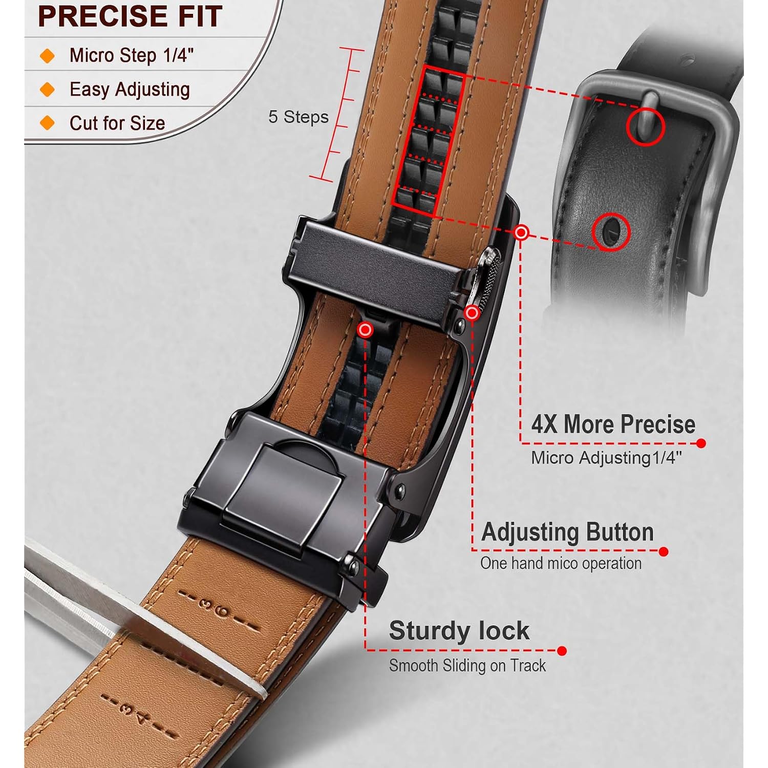 Men Belt 2 Pack, Leather Ratchet Belt Easy Click Slide For Men 1 3/8",Cut For Fit