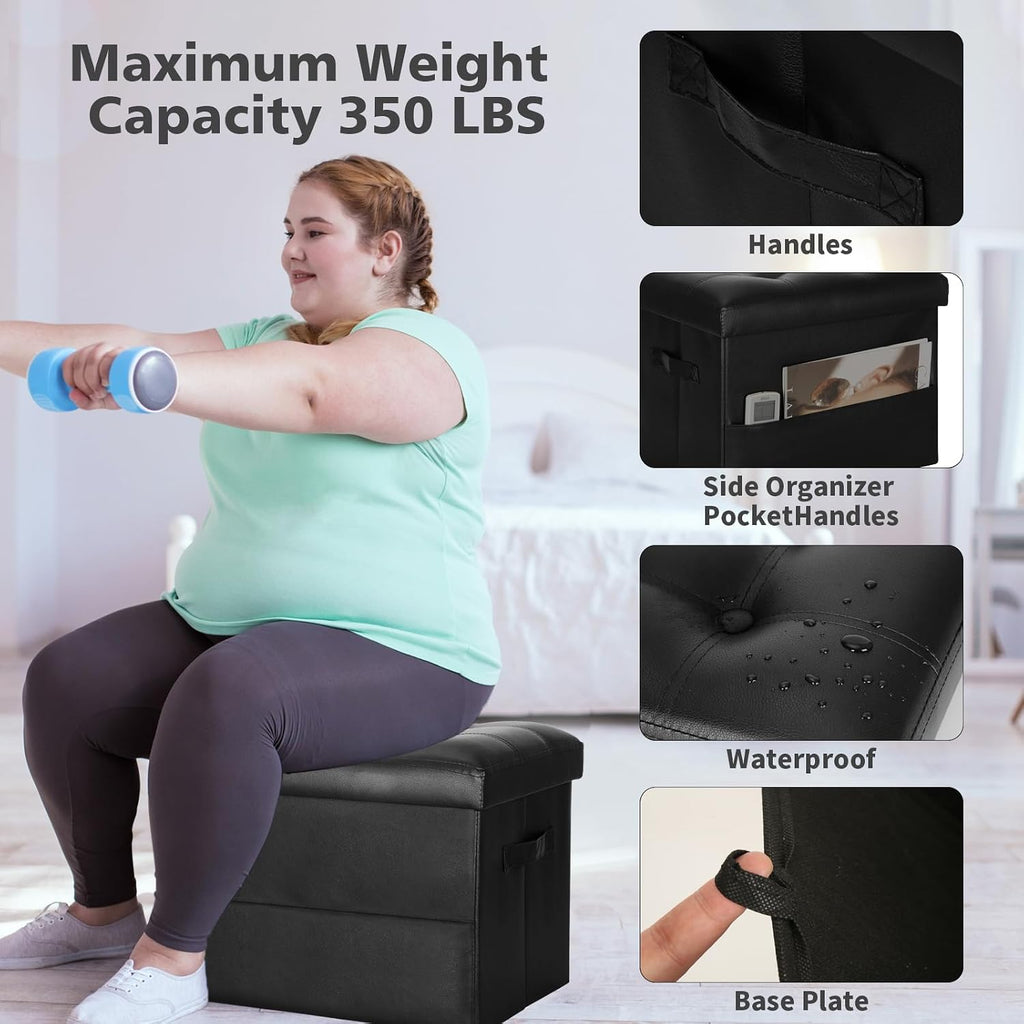 Storage Ottoman Foot Rest Stool With Thicker Foam Padded Seat. Foldable Leather Footstool Bench. Small Ottoman With Storage For Living Room Bedroom Coffee Table 350 Lbs, 17X13X13In, Black.