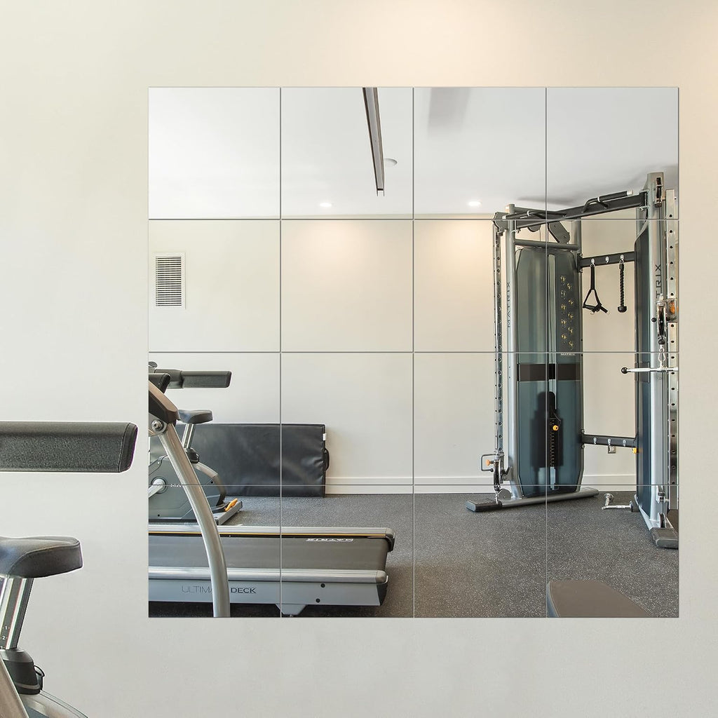 Home Gym Mirrors, 12'' X 12'' Glass Mirror Tiles, 16 Pcs | Square Large Wall Mirror, For Home Gym, Bedroom, Door, Bathroom, Frameless Mirror Sets