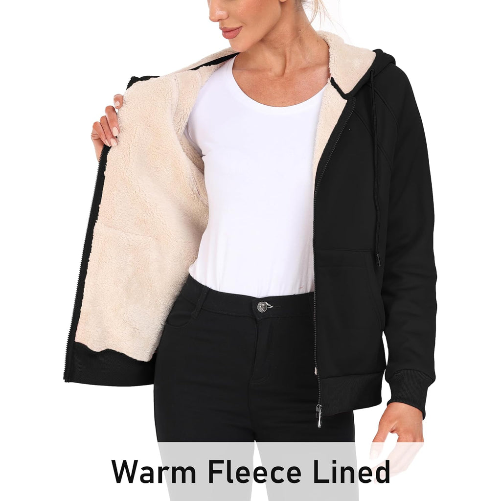 Mofiz Zip Up Hoodie Women Fleece Lined Zipper Up Hoodies Winter Coats Warm Casual Sweatshirts Jackets With Pocket