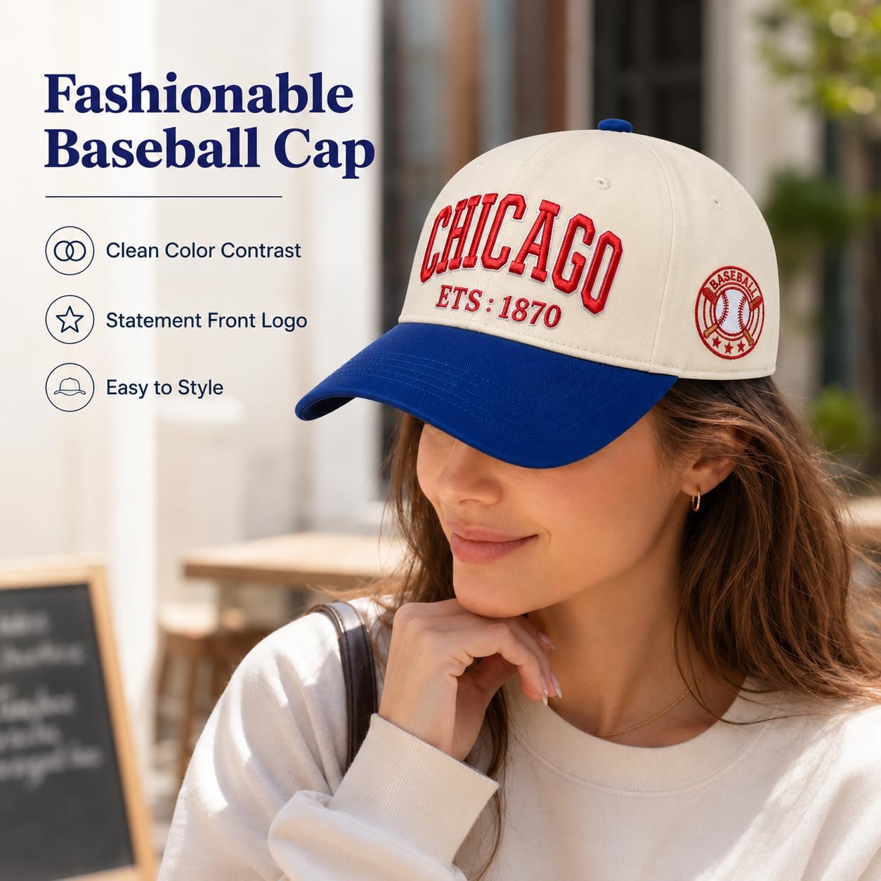 Baseball Hat for Women Men, Two-Tone Baseball Cap, Adjustable City Embroidered Cap Chicago