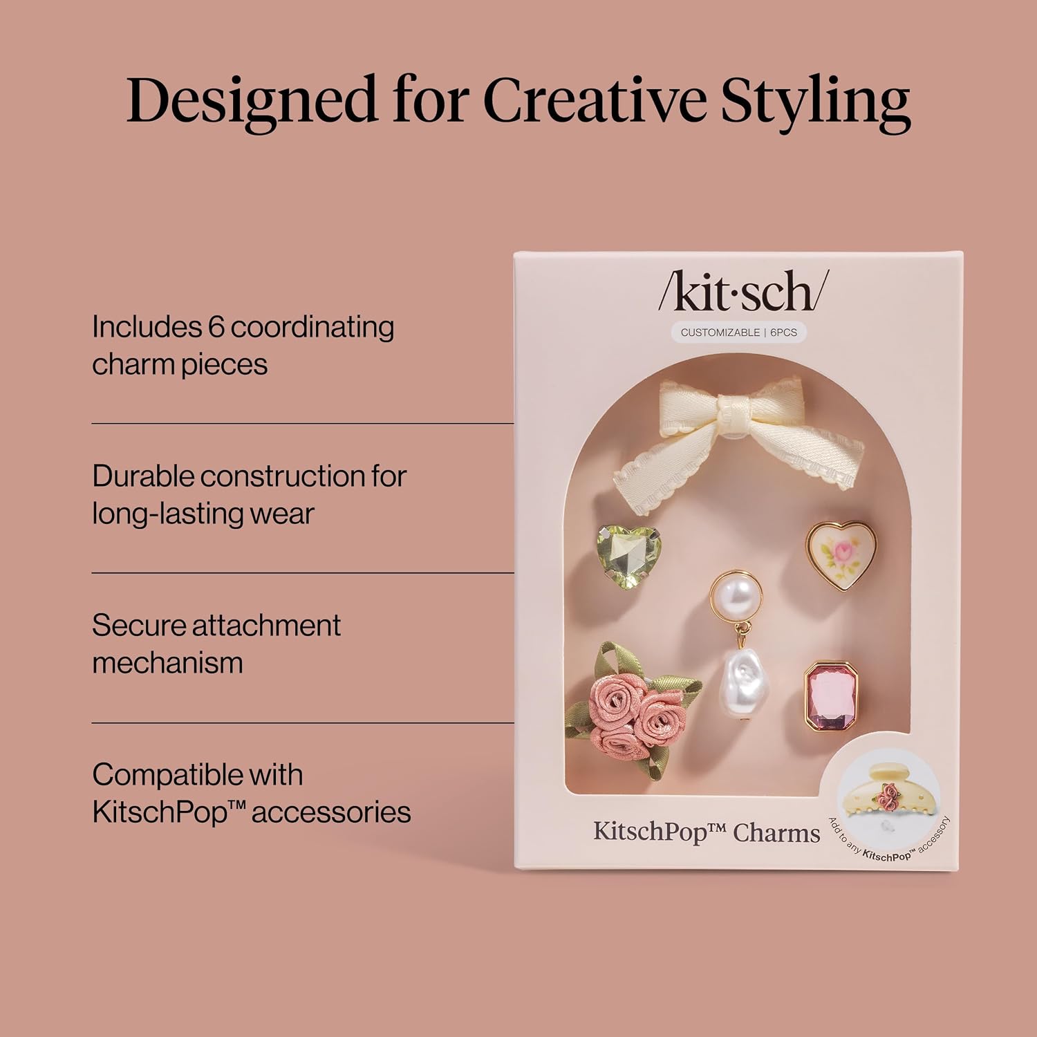 Kitschpop™Charm Sets – Interchangeable Charms For Hair Clips, Hair Brushes | Durable Assorted Cute Charms | Compatible With Kitschpop™ Hair Accessories - Vintage Ivory, 6Pcs