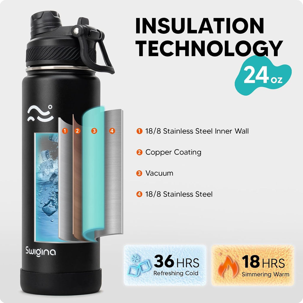 Insulated Water Bottle With Silicone Boot (36Hrs Cold/18Hrs Hot) - Diy Stickers, Leakproof, Bpa Free, Black, 24 Oz [2-In-1 Lid]