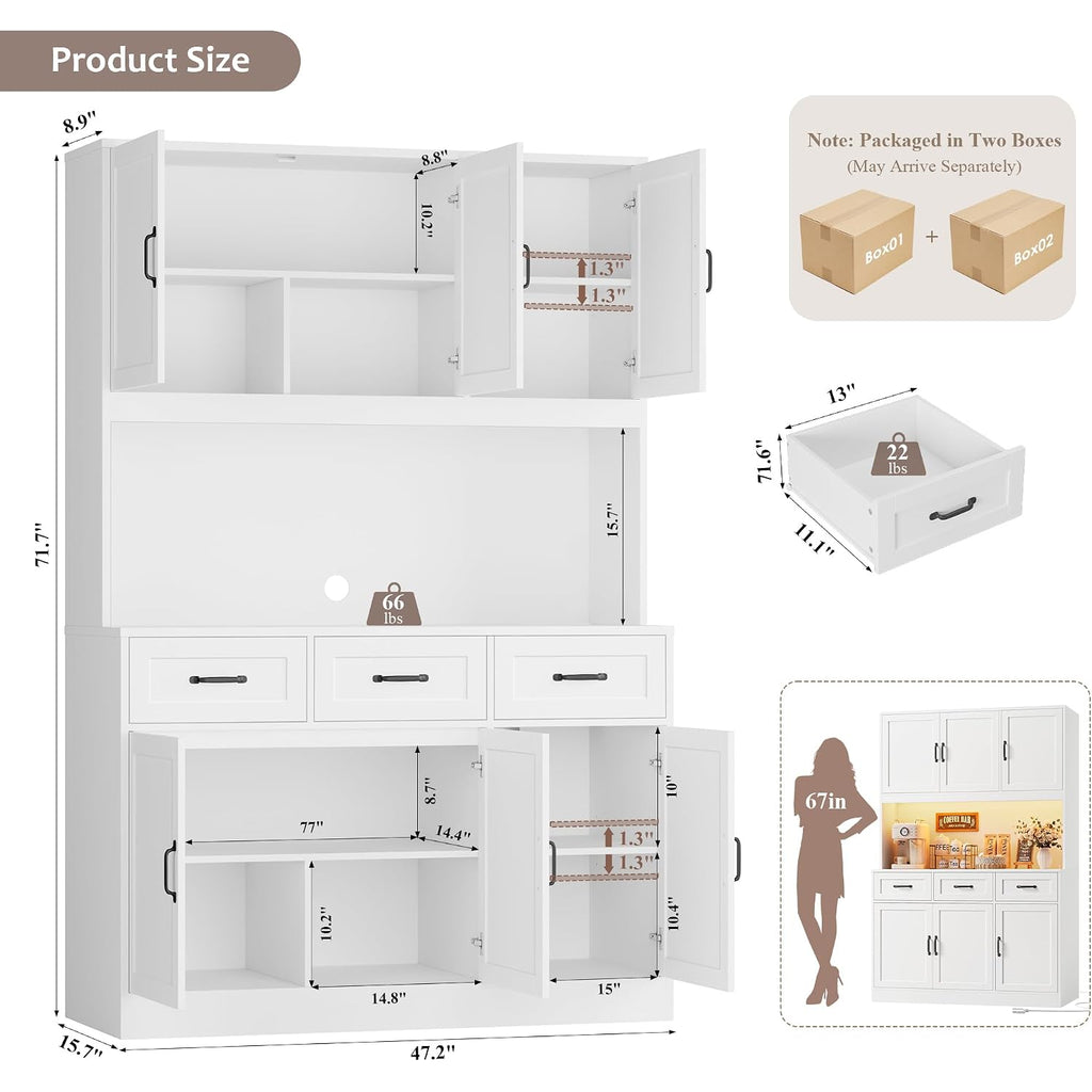 Hostack Kitchen Pantry Storage Cabinet, Tall Kitchen Hutch Cabinet, White | 47"W Food Pantry Cabinet With Smart Led / Charging Station / Countertop / 3 Large Drawers, 72"H Storage Hutch For Dining Room