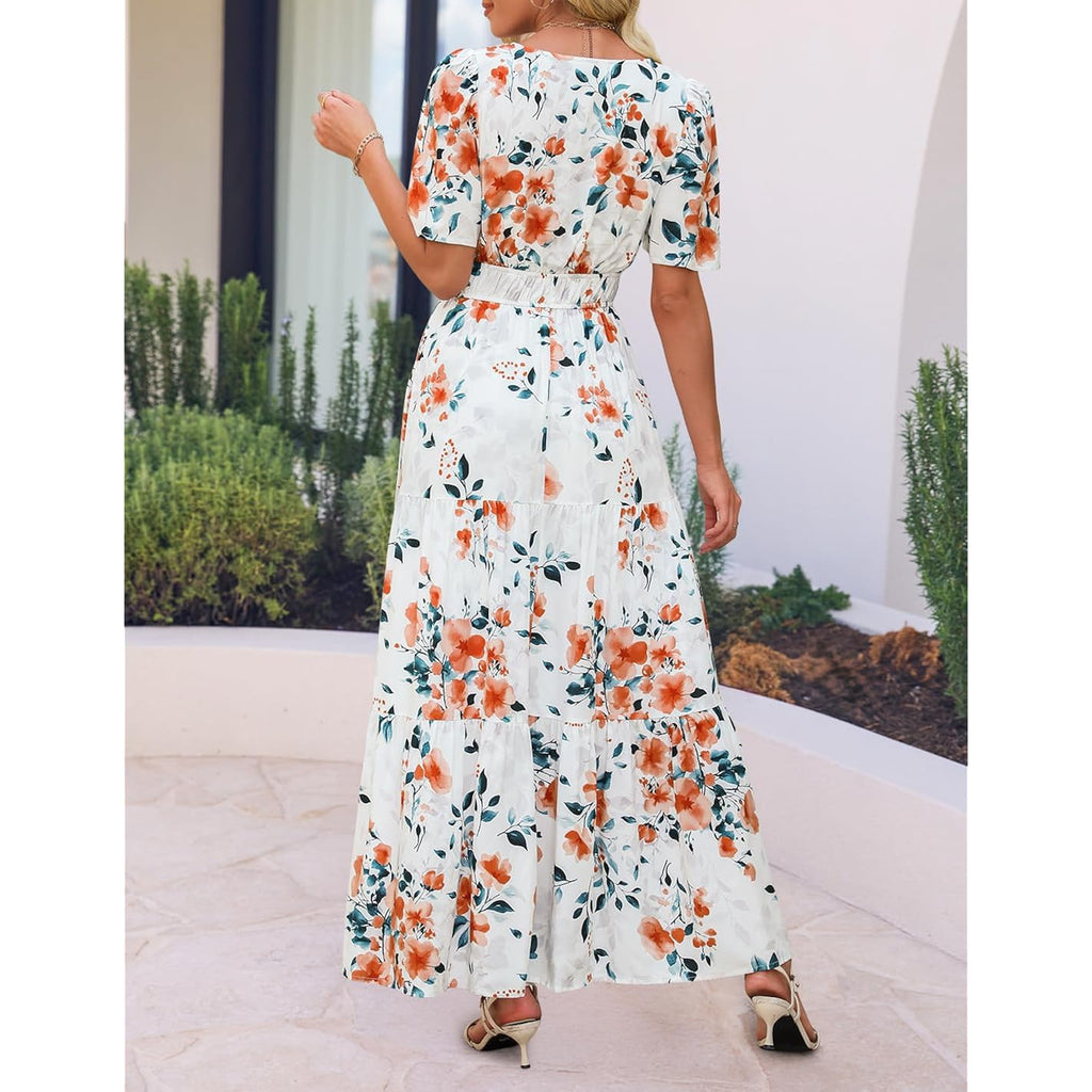 Zesica Women'S 2026 Summer Spring Floral Boho Maxi Dresses Casual Short Sleeve V Neck A Line Flowy Beach Vacation Dress
