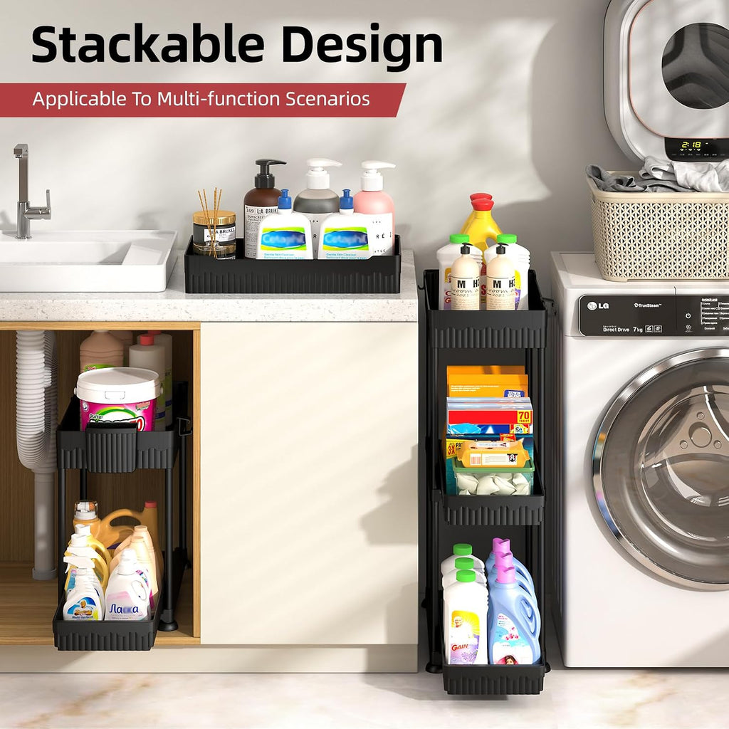 4-Pack 2-Tier Under Sink Organizer With Pull Out Drawers | Multi-Use Kitchen & Bathroom Storage. Includes Hanging Hooks And Cups. Black, Space-Saving Cabinet Design.