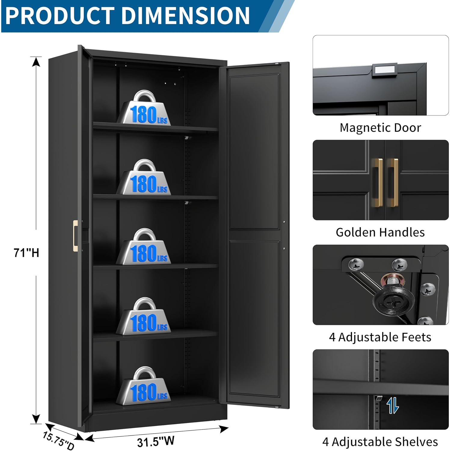 71" Metal Storage Cabinet With 4 Adjustable Shelves, Black Tall Pantry Cabinet With Doors, 180 Lbs Load Per Shelf, Heavy Duty Steel Organizer For Garage, Kitchen & Home