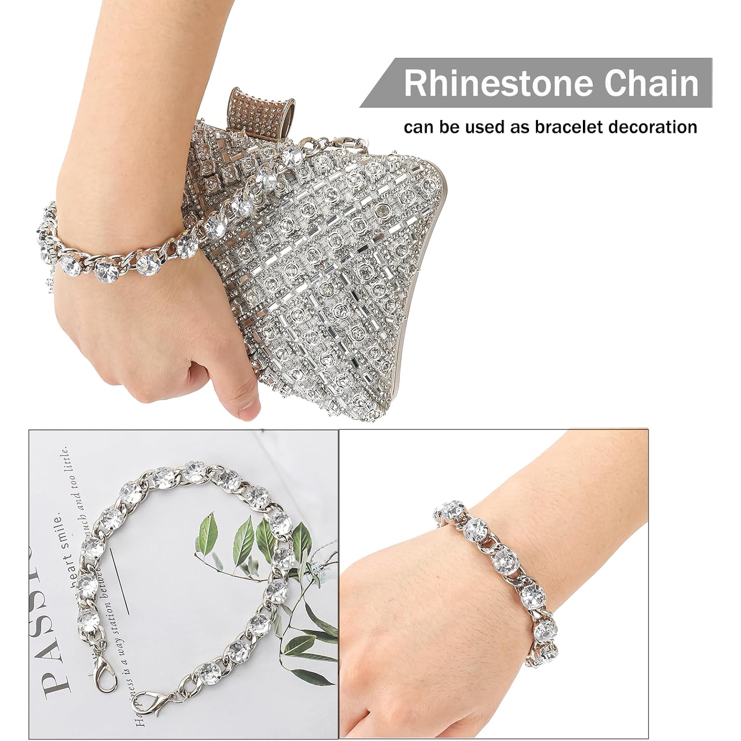 Women Sparkly Rhinestone Clutch With Chains, Glitter Evening Handbag Purse Shoulder Bag For Wedding Party Prom