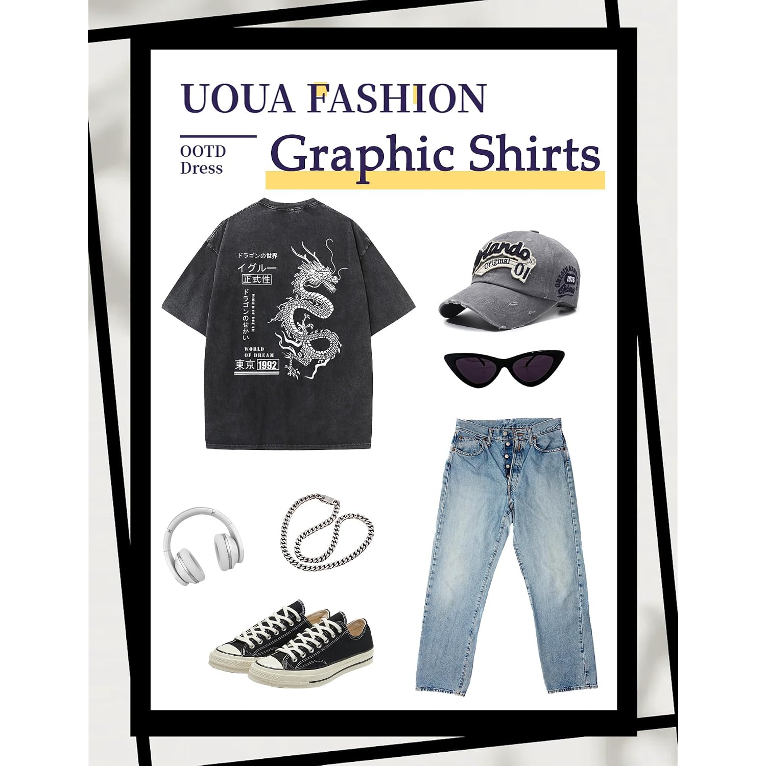 Uoua Mens Graphic Tees Vintage Oversized T-Shirts Casual Acid Wash Cotton Streetwear (S-2Xl)