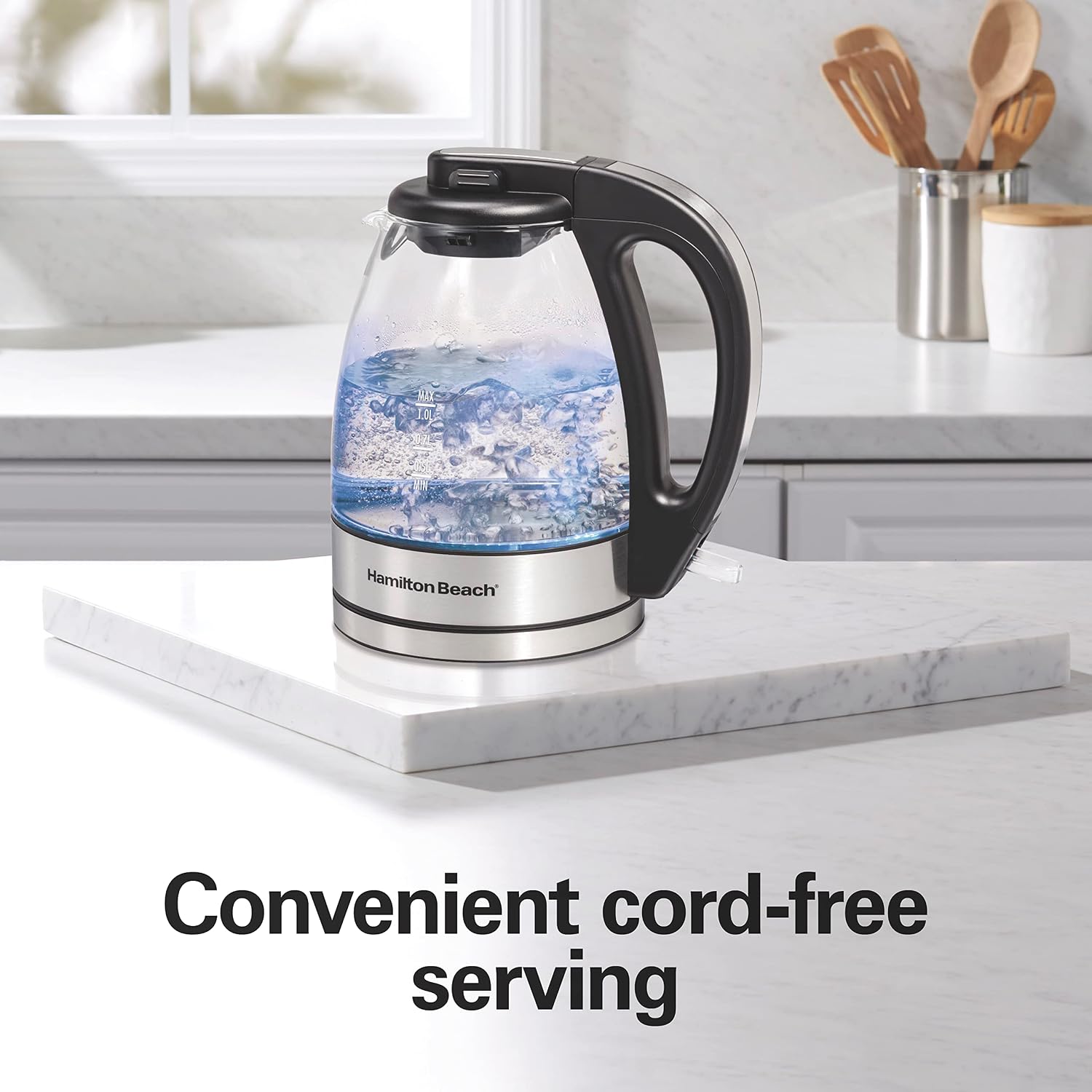 Hamilton Beach 1 Liter Electric Tea Kettle, Water Boiler & Heater | Fast Boiling 1500 Watts | Bpa Free | Cordless Serving | Auto-Shutoff & Boil-Dry Protection | Blue Led | Clear Glass