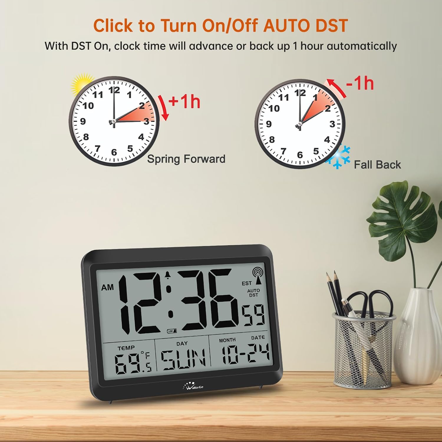 Atomic Digital Wall Clock Battery Operated, Self-Setting, Large Display With Temperature, Date, Day Of The Week, Silent Wall Mount Digital Clock, 4 Time Zones, Dst