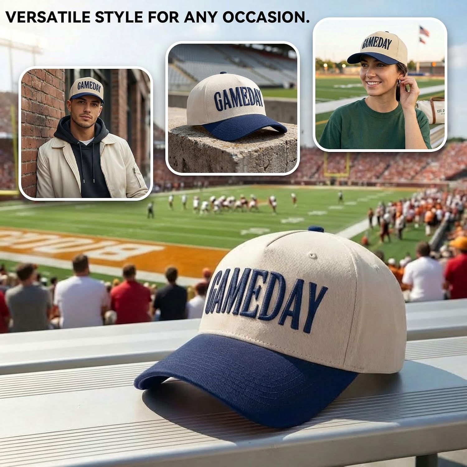Game Day Hat for Women Men, Vintage Embroidered Football Basketball Cap, Adjustable Baseball Hat Gift World Soccer Cup Fan Blue