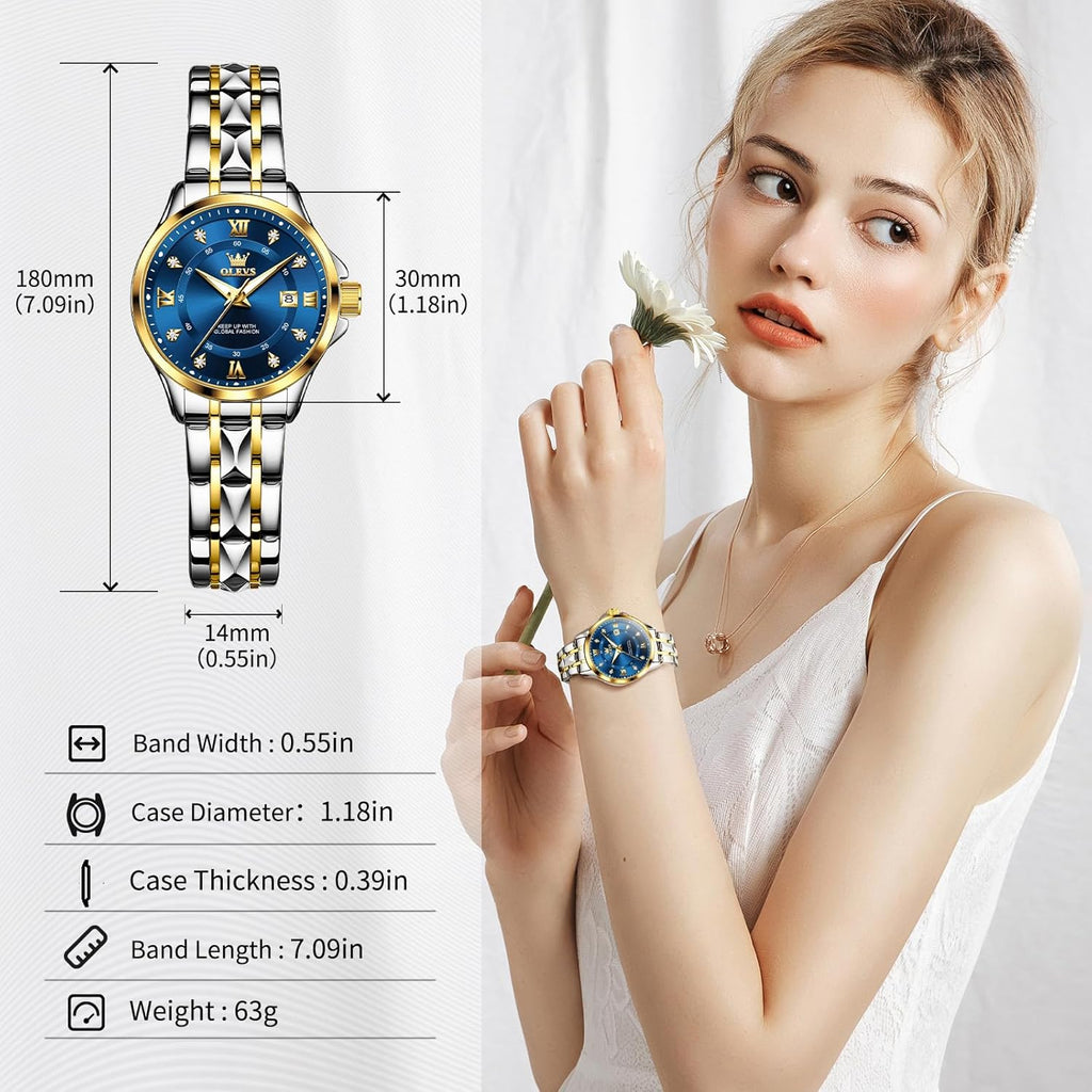 OLEVS Watch Women Two Tone Watches for Women with Date Dress Womens Watches for Medium Wrists Luxury Easy Read Womens Watch Waterproof Blue/Black/Gold/Silver Dial Reloj para Mujer Ideal Gift for Her