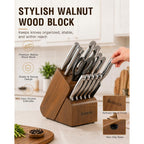 Astercook Knife Set, 15 Piece German Steel Kitchen Knife Set With Built-In Sharpener, One-Piece Knife Block Set Rust-Resistant Dishwasher Safe Block Knives Set For Cooking & Gift (Walnut Brown)