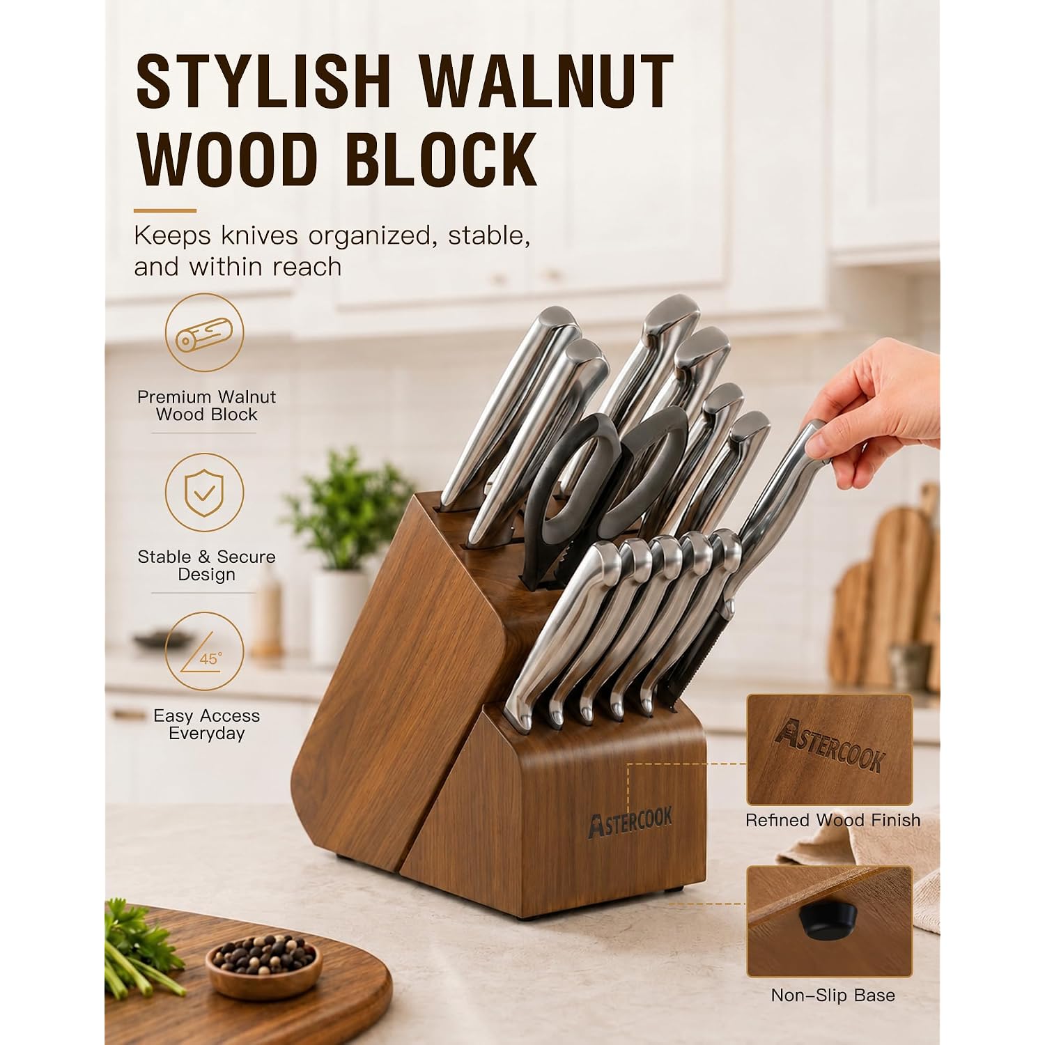Astercook Knife Set, 15 Piece German Steel Kitchen Knife Set With Built-In Sharpener, One-Piece Knife Block Set Rust-Resistant Dishwasher Safe Block Knives Set For Cooking & Gift (Walnut Brown)