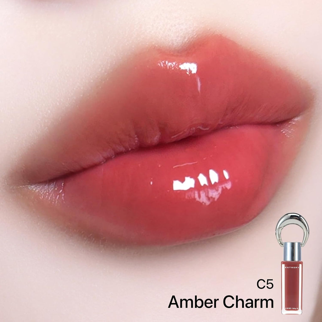 ENTROPY Makeup Glossy Lip Tint – Juicy Glow Line/Non-Sticky Hydrating Lip Gloss Tint, High Shine Finish, Buildable Sheer Color, Lip & Cheek Makeup - Amber Charm (Warm Brick Red) | glossy lip tint, Non-sticky lip tint, Juicy glow lip gloss