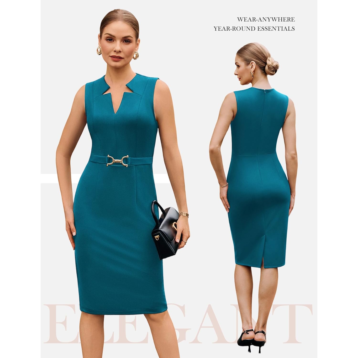 Work Dresses for Women 2026,V Neck Business Office Bodyon Dress,Sleeveless Pencil Semi Formal Midi Dress