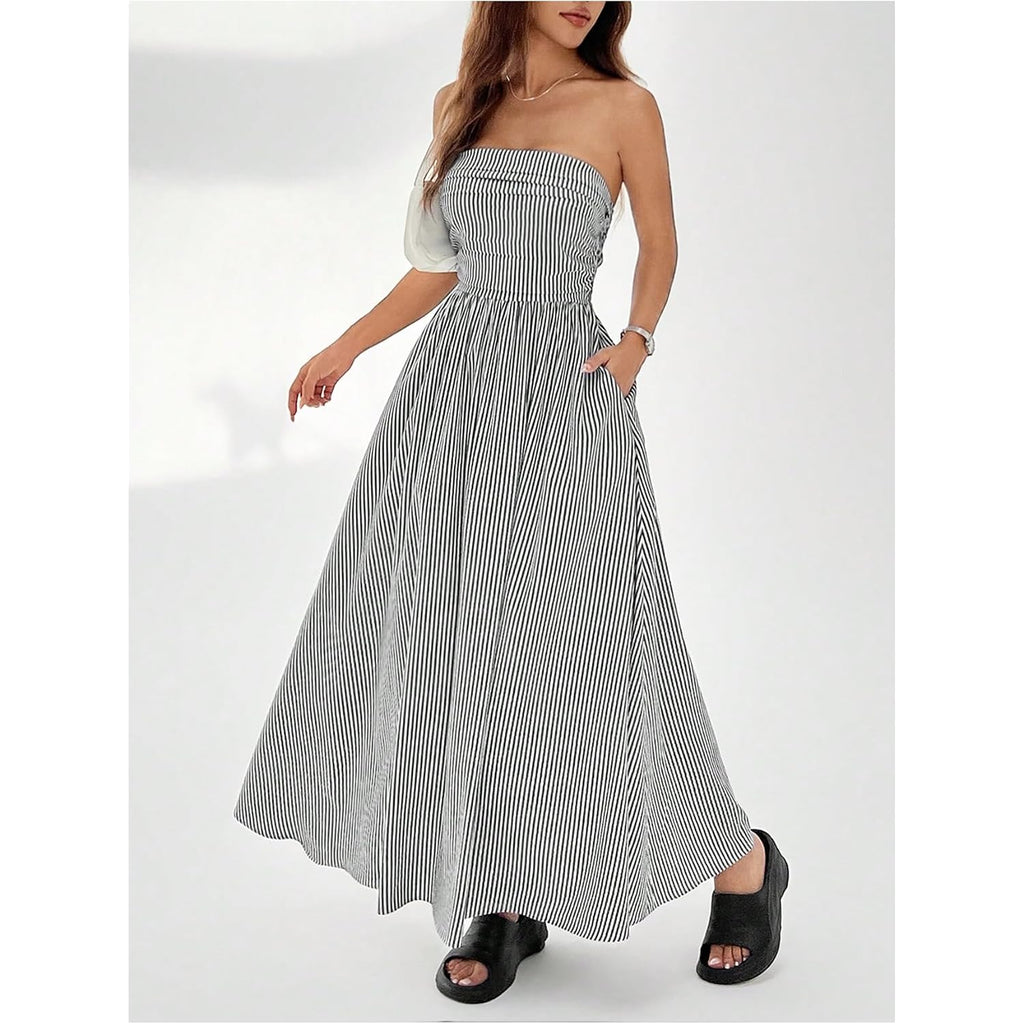 Milumia Women'S Striped Strapless Maxi Dress Summer Casual Tube Top Long Dresses With Pocket