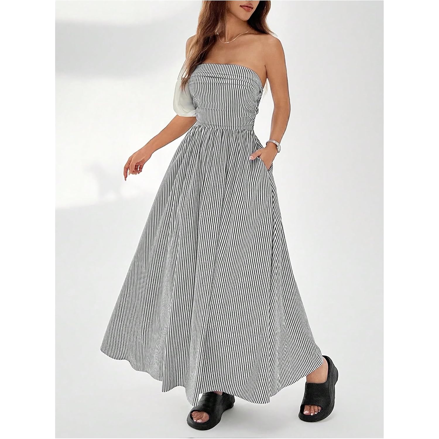 Milumia Women'S Striped Strapless Maxi Dress Summer Casual Tube Top Long Dresses With Pocket