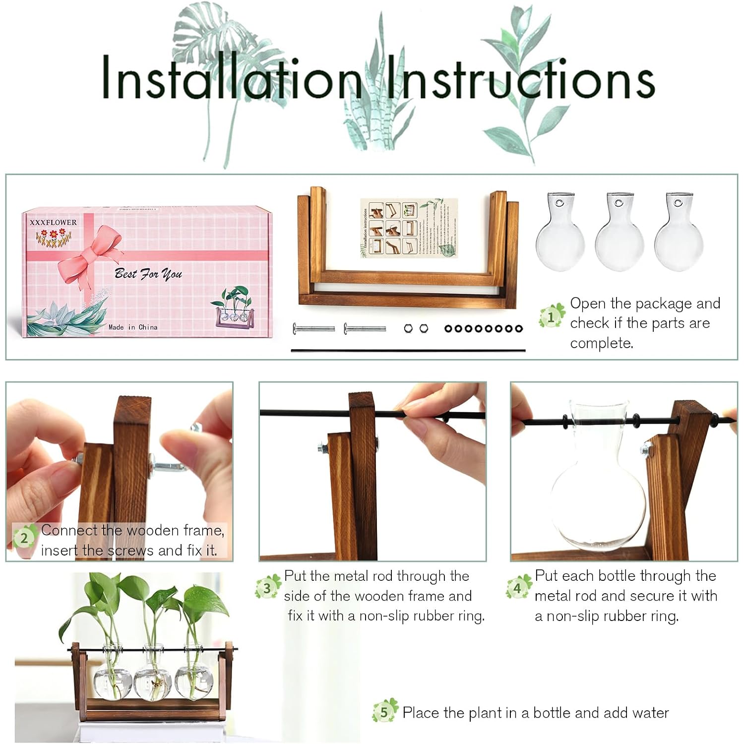 Xxxflower Plant Terrarium With Wooden Stand, Air Planter Bulb Glass Vase Metal Swivel Holder Retro Tabletop For Hydroponics Home Garden Office Decoration - 3 Bulb Vase