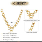 CHESKY 14K Gold Plated Chunky Necklace for Women, Trendy Paperclip Chain Necklace Thick Cross Heart Pendant Necklace Layered Herringbone Cuban Link Chain Toggle Necklaces Non Tarnish Jewelry