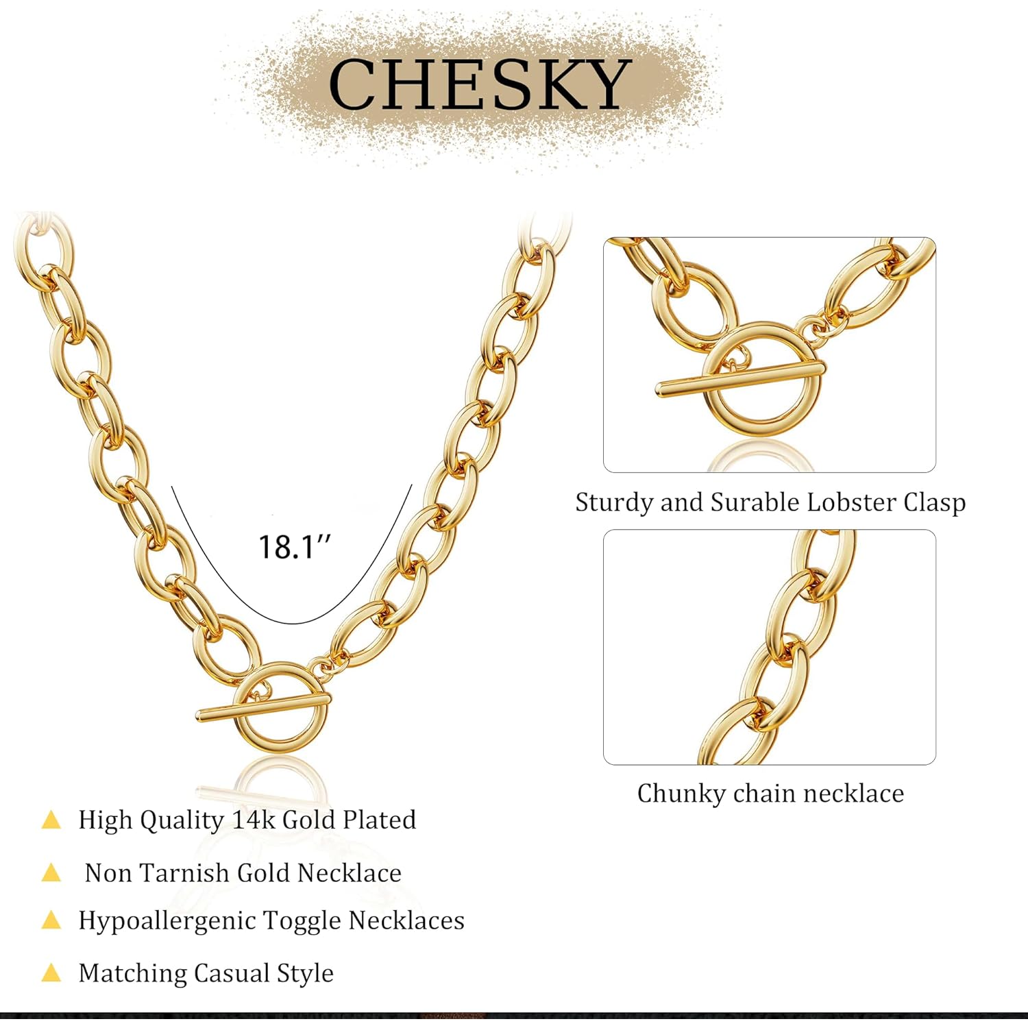 CHESKY 14K Gold Plated Chunky Necklace for Women, Trendy Paperclip Chain Necklace Thick Cross Heart Pendant Necklace Layered Herringbone Cuban Link Chain Toggle Necklaces Non Tarnish Jewelry