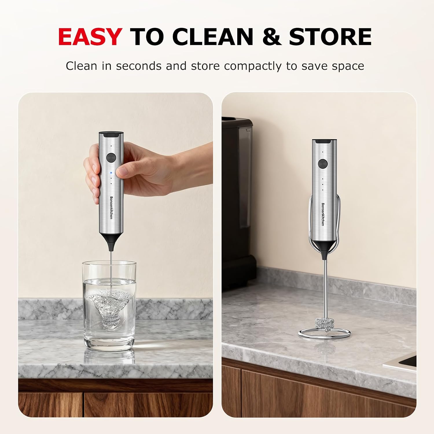 Bonsenkitchen Rechargeable Milk Frother With Stand, 3-Speed Handheld Coffee Frother, Dual Spring Whisk Electric Hand Frother Wand Drink Mixer For Lattes Cappuccino Protein, Kitchen Gifts
