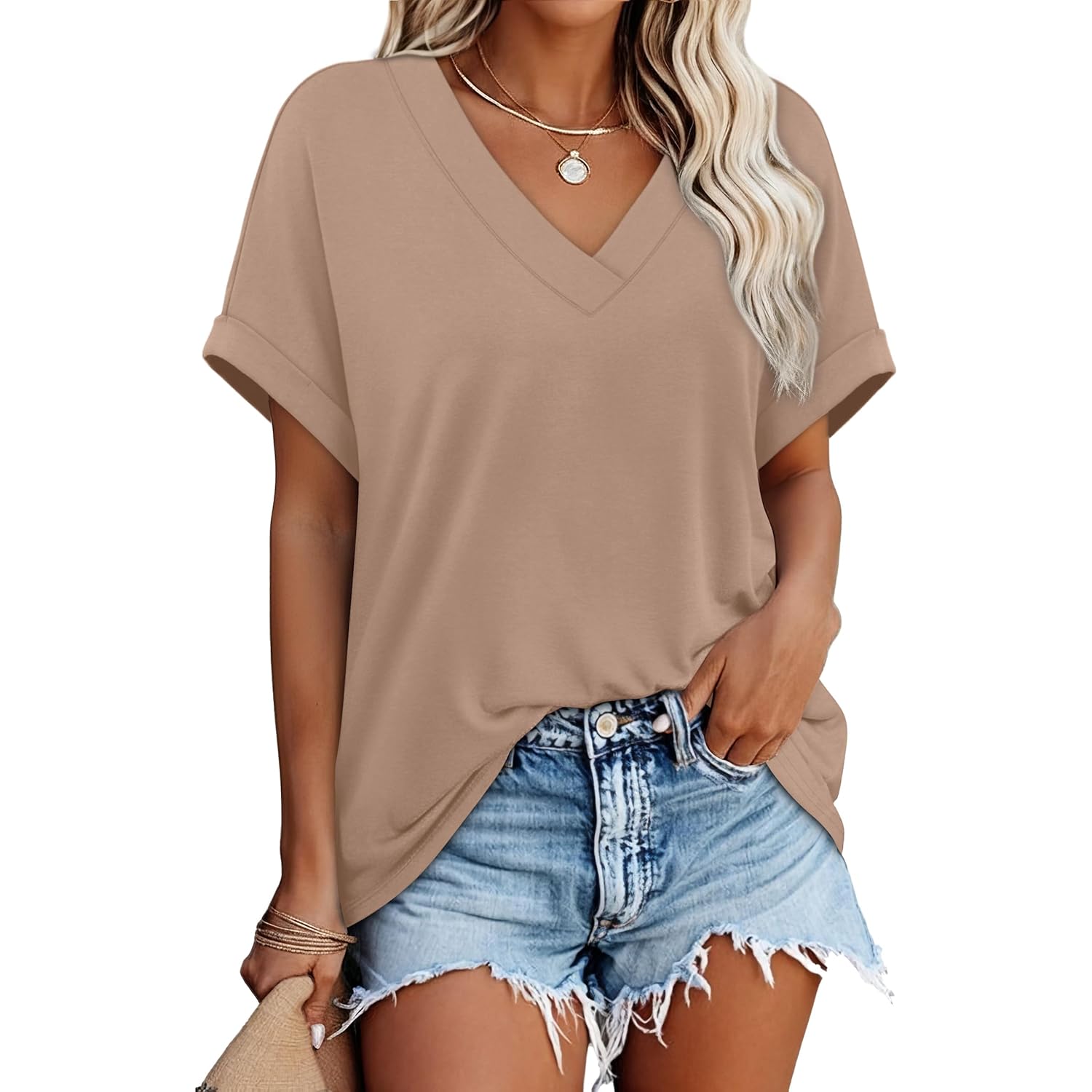 Womens Oversized V Neck Tshirts Plus Size Summer Tops 2026 Short Rolled Sleeve Shirts Dressy Casual Blouses S-4XL