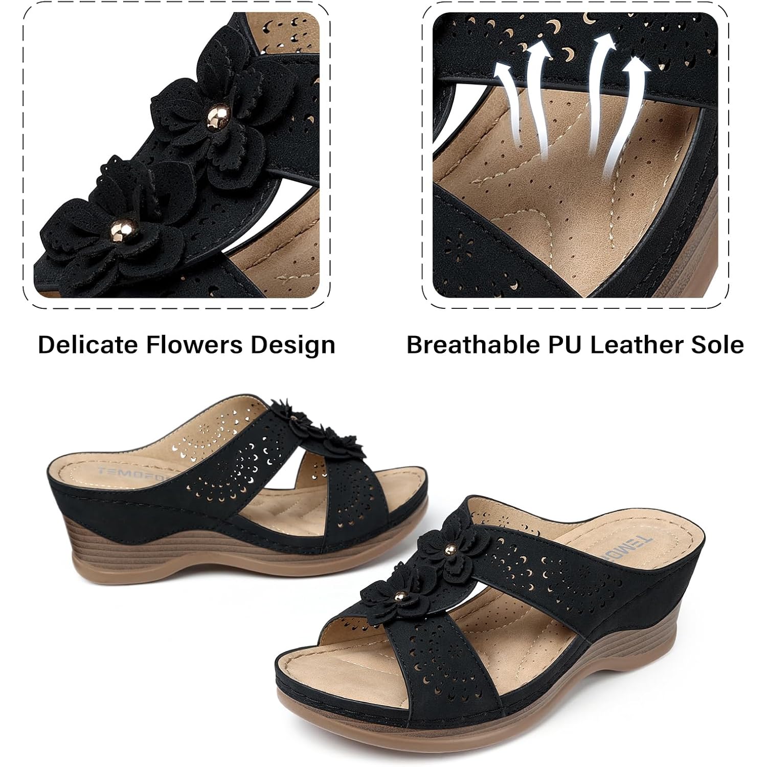 Temofon Womens Wedge Sandals Leather: Comfortable Walking Shoes Summer | Fit Wide Foot - Cute Style - Wear True Size 5-11