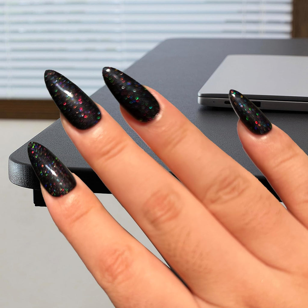 Glitter Black Press on Nails,By Artificial Apply UV Top Coat, Almond Shape Galaxy Fake Nails Stick Glue on Nails Set Reusable Complete Set of 24pcs